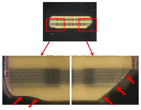 從破裂的現(xiàn)象與電容廠商切片的照片看來，破裂的痕跡從端接處以斜角裂開，電容零件的確像是機械外應力所造成的破裂。