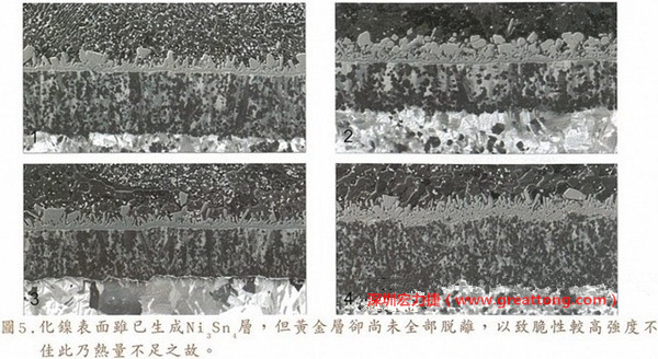 下面四圖顯示，當(dāng)焊接的熱量不足或未持續(xù)時，雖然Ni3Sn4的薄薄IMC層已經(jīng)生成而焊牢，但也會因?yàn)锳uSn及AuSn2還未來得及逸走，而停留在共金介面附近，當(dāng)有外力拉扯的時候，就很容易斷裂開來。這就是為何ENIG的焊點(diǎn)強(qiáng)度，始終不如銅面焊點(diǎn)(Cu6Sn5)來得更為牢固的主因之一。
