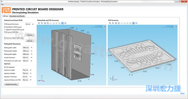電鍍App允許PCB板設(shè)計(jì)人員導(dǎo)入不同的設(shè)計(jì)(包含或不含虛置圖形)，點(diǎn)擊計(jì)算，然后就能查看所仿真的厚度均勻性-深圳宏力捷