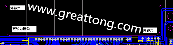 PCB設計時單面板的轉角都需為圓角，R1.0mm或R2.0mm為宜。