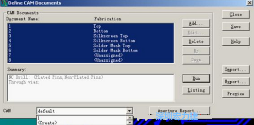 回到Dsfine CAM Documents窗口 ，將所有須輸出的文件用鼠標拉住選擇，按Run輸出，默認輸出路徑是安裝目錄的\CAM\default，也可按CAM的Create更改