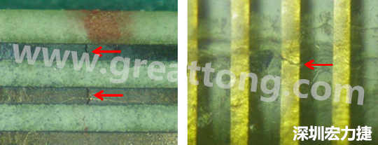 一旦找到確切的銅箔線路斷裂位置，如果還是無法觀察到斷裂的現(xiàn)象，就試著在顯微鏡下彎曲該位置的軟板，這樣就可以突顯并放大斷裂銅箔的開口了。 