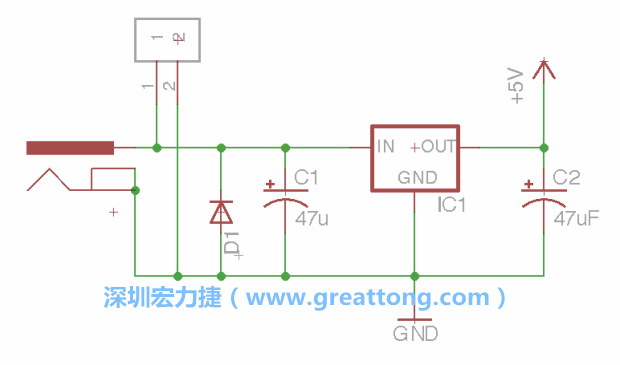 2.5.    新增一個二極體，它會以水平的狀態(tài)出現(xiàn)在屏幕上，請使用「旋轉（Rotate）」工具把它負極那一面朝上，并且用「網絡連接」工具將它連接在電壓調整器的輸入端和接地端之間。