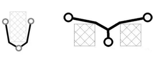 圖12：樹和(灰色顯示的)障礙物。(a)最小生成樹，(b)Steiner樹。