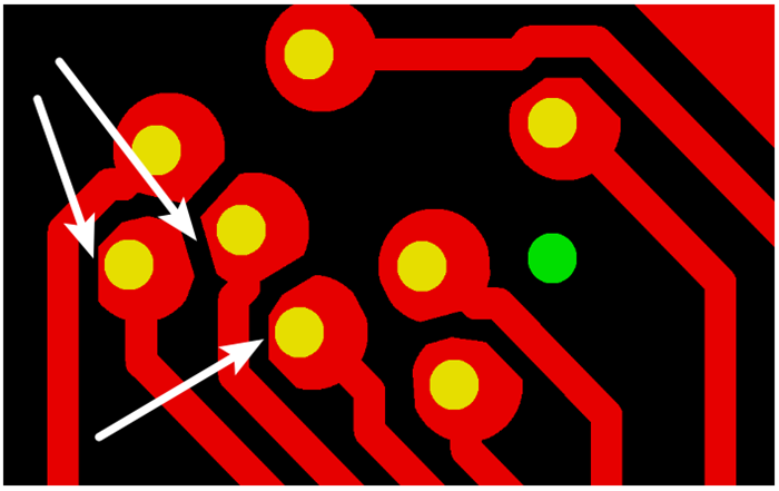 按源文件文件數(shù)據(jù)計(jì)算，孔邊緣到線邊緣6mil，孔環(huán)4mil，環(huán)到線只有2mil，保證環(huán)到線之間有3mil的安全間距需削1mil焊環(huán)，削后焊盤只有3mil