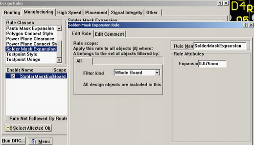 5. 而對(duì)于阻焊的調(diào)整則可以通過按D、R調(diào)出[Manufacturing]制作設(shè)計(jì)規(guī)則的[Solder-Mask Expansion Rule]設(shè)置項(xiàng)直接設(shè)定單邊放大值
